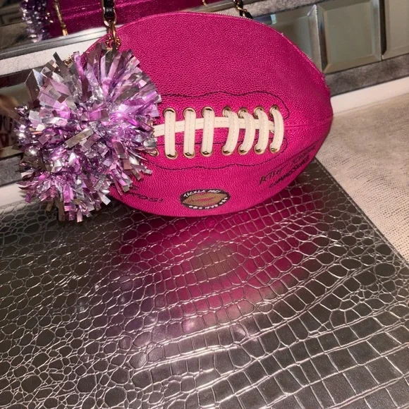 Betsey Johnson Pink Football purse with Sparkly Pom-Poms - Picture 1 of 11